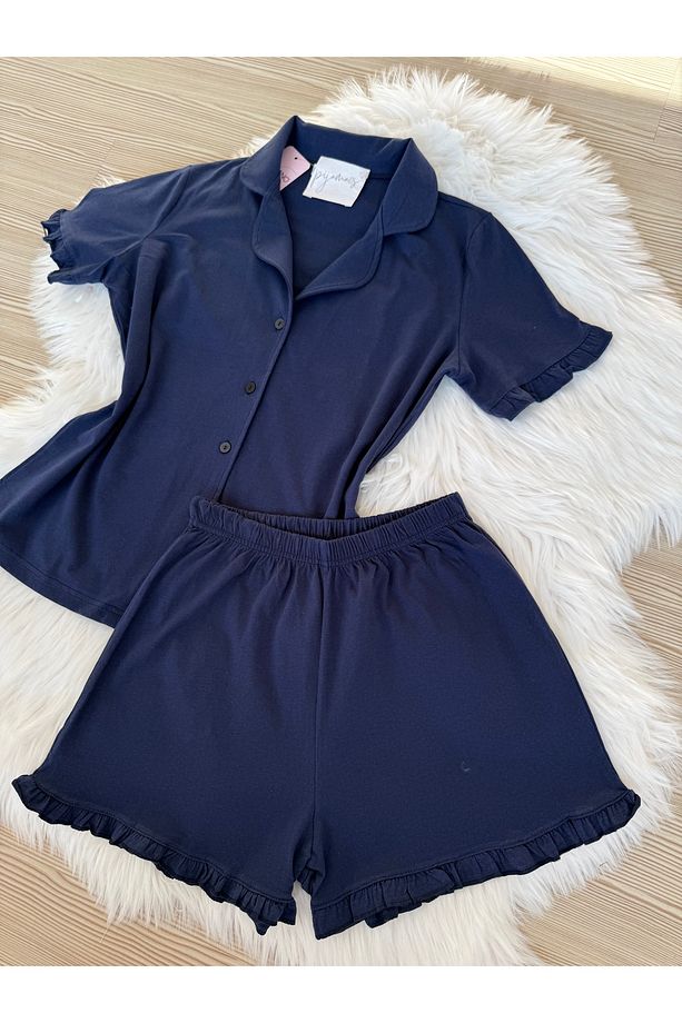 Lacivert Pamuklu Kol ve Paça Fırfır Detaylı Kısa Kol Önden Düğmeli Şortlu Pijama Takımı - 5