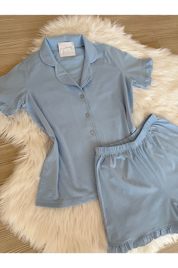 Bebe Mavisi Pamuklu Kol ve Paça Fırfır Detaylı Kısa Kol Önden Düğmeli Şortlu Pijama Takımı - 6