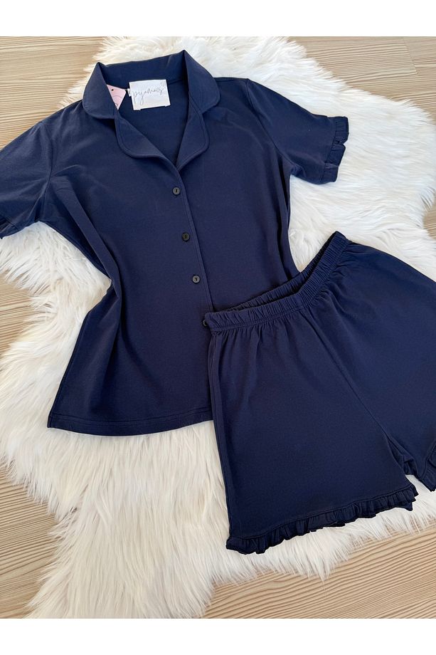 Lacivert Pamuklu Kol ve Paça Fırfır Detaylı Kısa Kol Önden Düğmeli Şortlu Pijama Takımı - 4