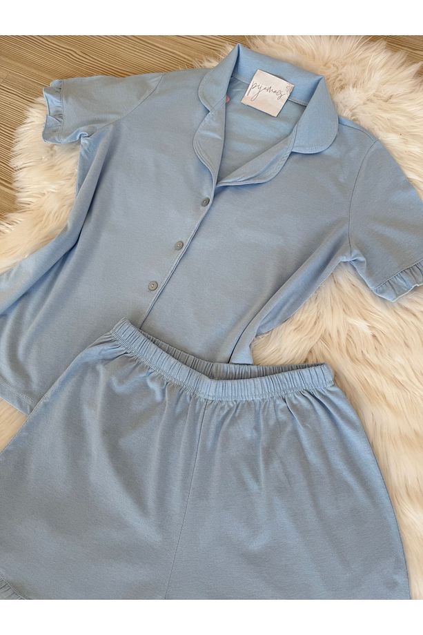 Bebe Mavisi Pamuklu Kol ve Paça Fırfır Detaylı Kısa Kol Önden Düğmeli Şortlu Pijama Takımı - 7