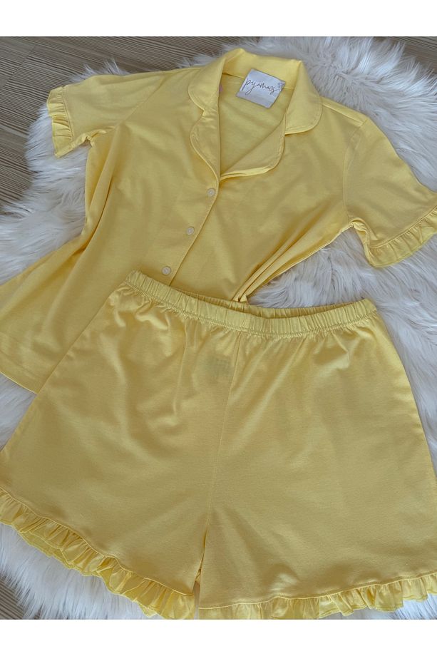Sarı Pamuklu Kol ve Paça Fırfır Detaylı Kısa Kol Önden Düğmeli Şortlu Pijama Takımı - 8
