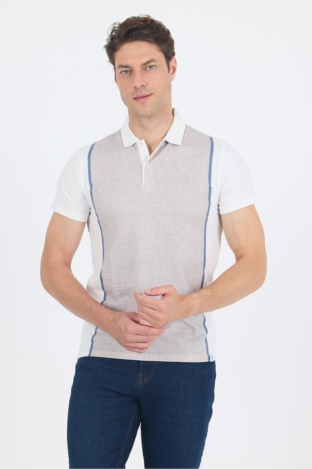 Beige Short Sleeve Printed Jacquard Polo Collar Pocketless Slim Fit T-Shirt 1011250122