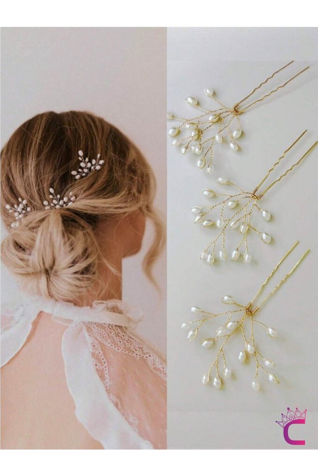 3-Piece Elegant Pearl Bridal Crown Hairpin Hair Bun Pin Gold - Wedding Wedding Engagement Promise Accessory