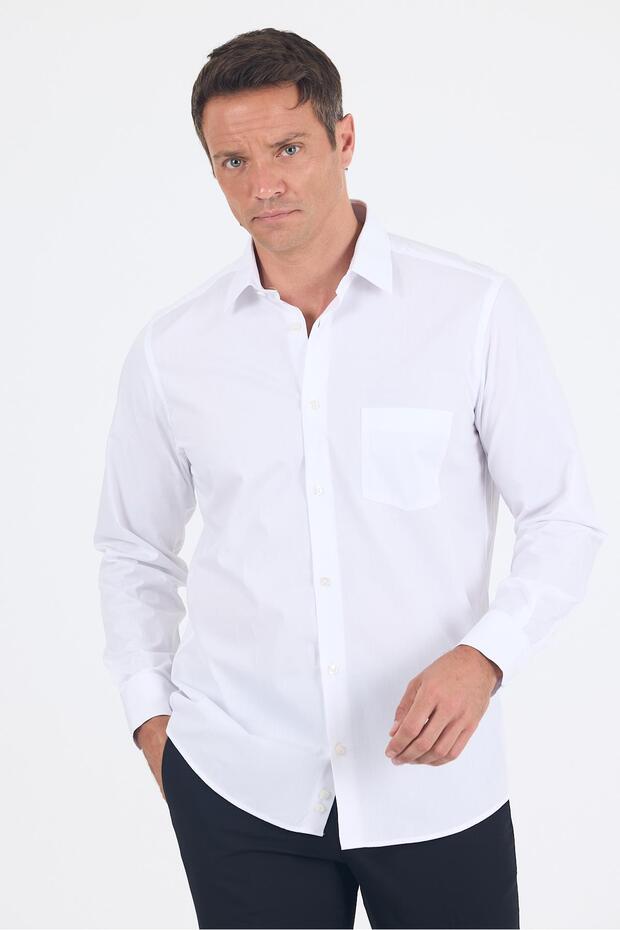 Men's White Rigid Collar Long Sleeve Pocket Comfort Fit 100% Cotton Shirt 1004250222