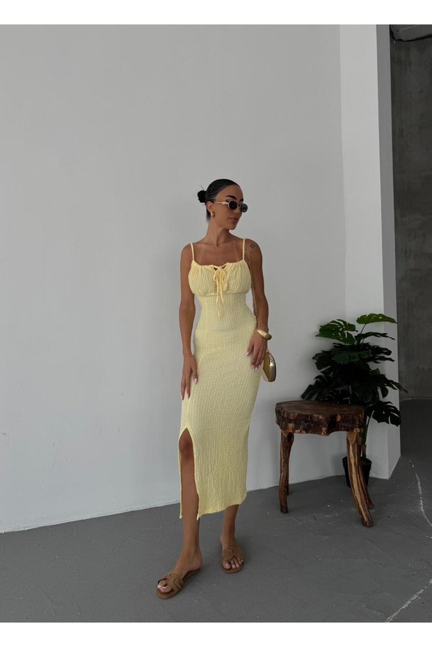 Women's Straped Seersucker Fabric Slit Detailed Dress