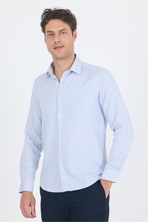 Navy Blue Long Sleeve Hard Collar Slim Fit Cotton Shirt Without Pockets 1004250225