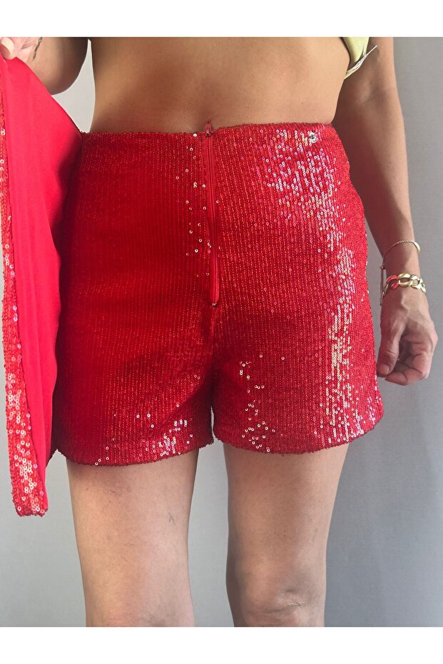 KIRMIZI PAYETLİ ŞORT ETEK - 2
