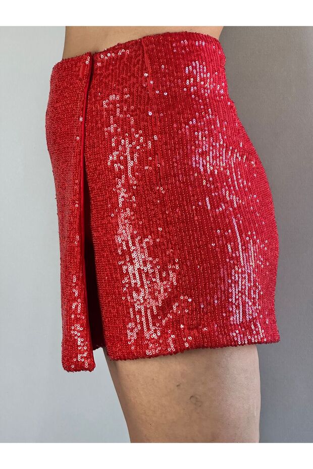 KIRMIZI PAYETLİ ŞORT ETEK - 6