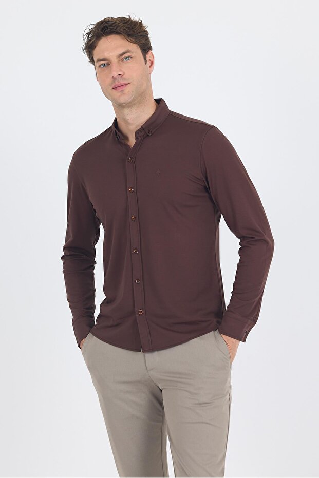 Men's Dark Brown Italian Button-Down Collar Long Sleeve Slim Fit Shirt 1004250254