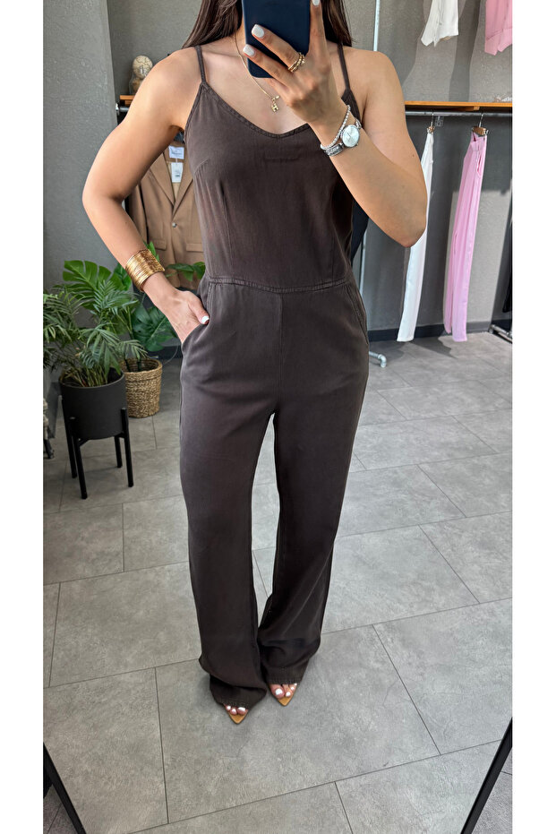 İnce Askılı Denim Tulum - 8