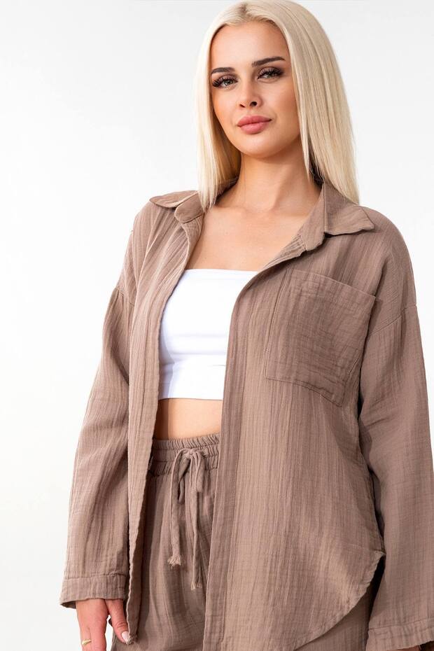 Single Pocket 100% Cotton Muslin Shirt Mink