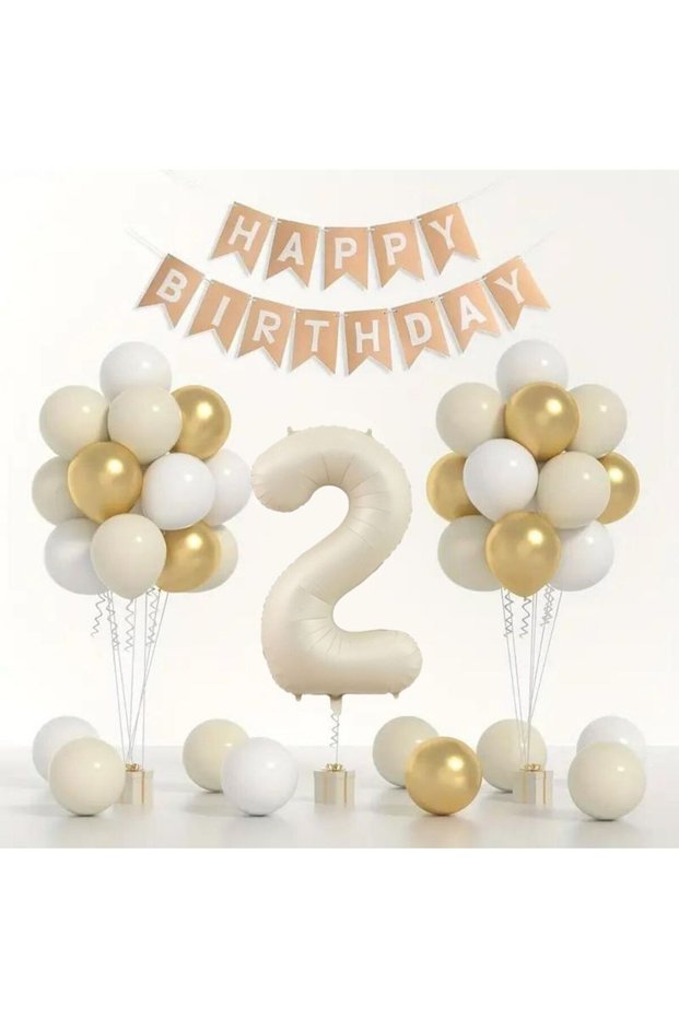Birthday Balloon Set 🎂 | Gold 🤍 White 🤎 Sea Sand | Foil Balloon and Banner Including Numbers!