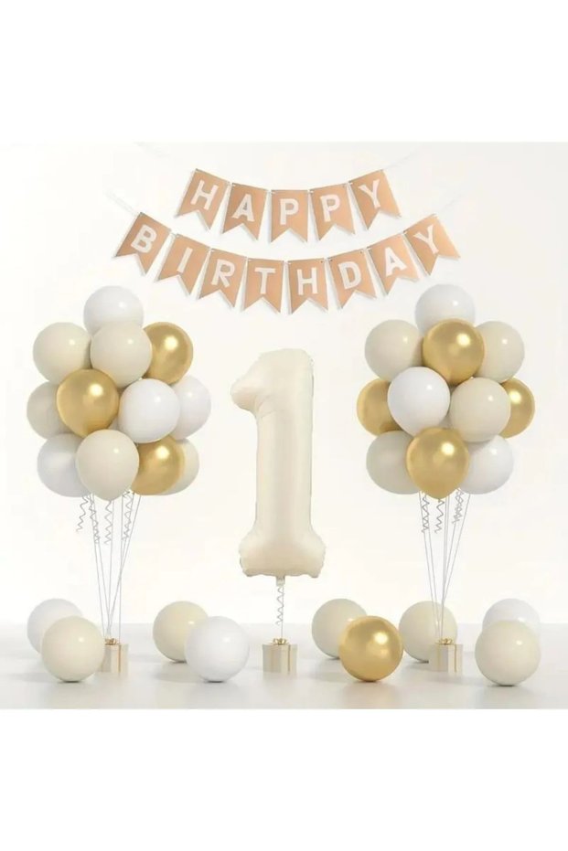 Birthday Balloon Set 🎂 | Gold 🤍 White 🤎 Sea Sand | Foil Balloon and Banner Including Numbers!