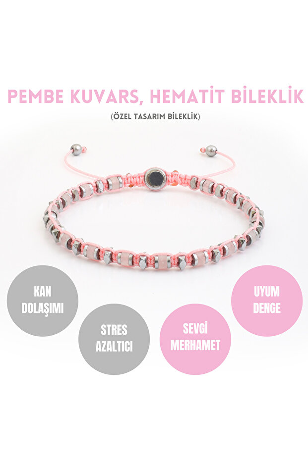 Pink Quartz, Hematite Bracelet - Iden Silver Pink Bracelet - Design Bracelet 4mm Adjustable