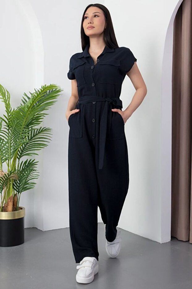 Düğmeli Keten Tulum - 3