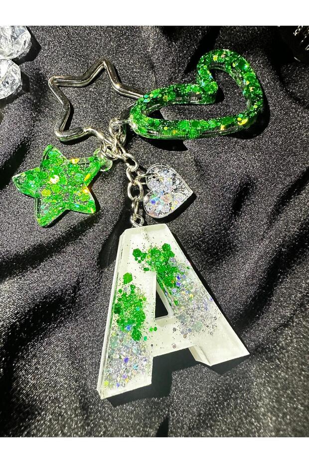 A Letter White Color Greensilver Glitter Star Hook Vip Extra Figured Epoxy Letter Keychain