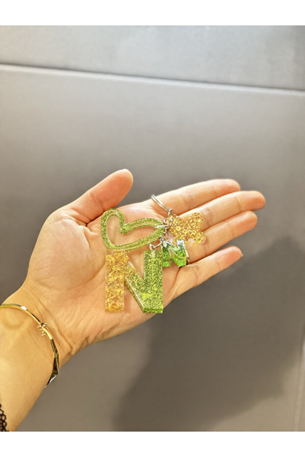 سلسلة مفاتيح على شكل حرف N باللونين الأخضر والذهبي، سلسلة مفاتيح على شكل حرف إيبوكسي إضافي