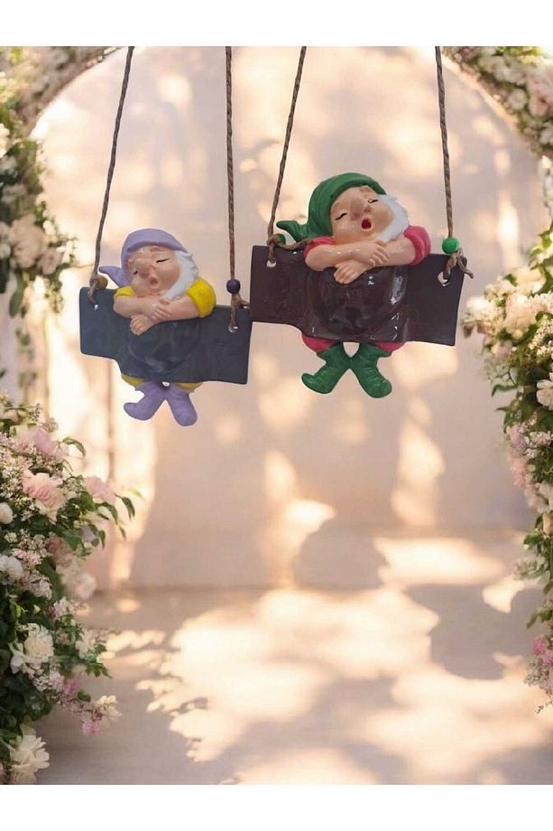 Dekoratif Sallanan Uyuyan Cüce Biblo Seti Sevimli Duvar ve Salıncak Süsü Set (2'li) - 3