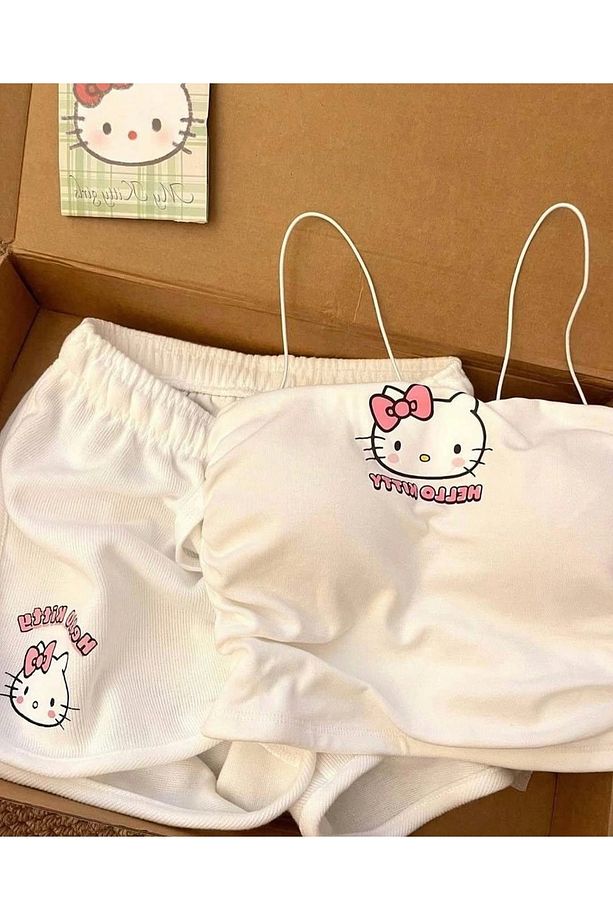 Beyaz Hello Kitty Crop Şort Alt Üst Takım - 5