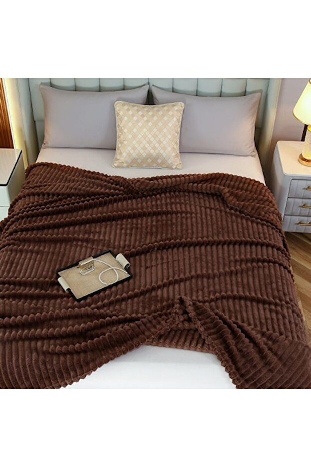 Striped cocolino blanket, 200x230cm, Brown - 1