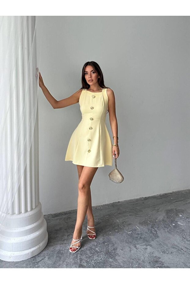 Düğmeli Atlas Mini Renata Elbise - 1