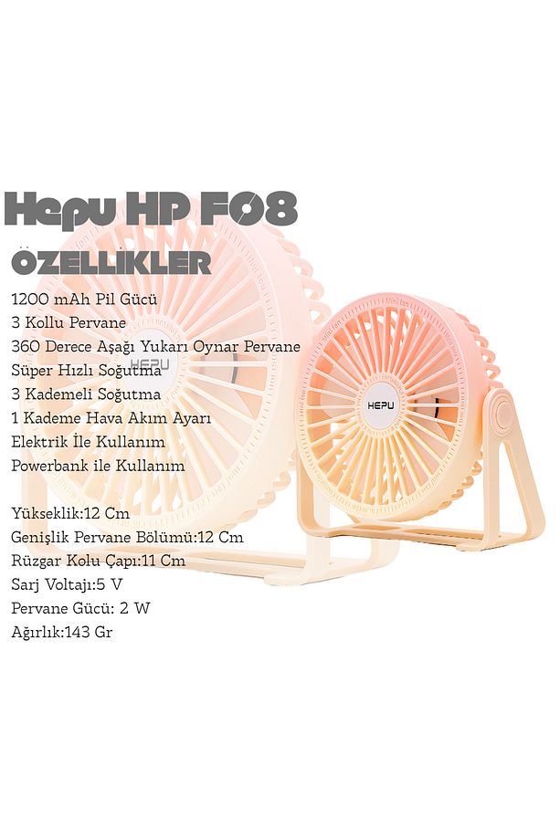 HP F08 Süper Soğutma Şarjlı Masa Üstü Mini Vantilatör 3 Kollu 4 Kademeli 1200 mAh Type-C Şarj - 2