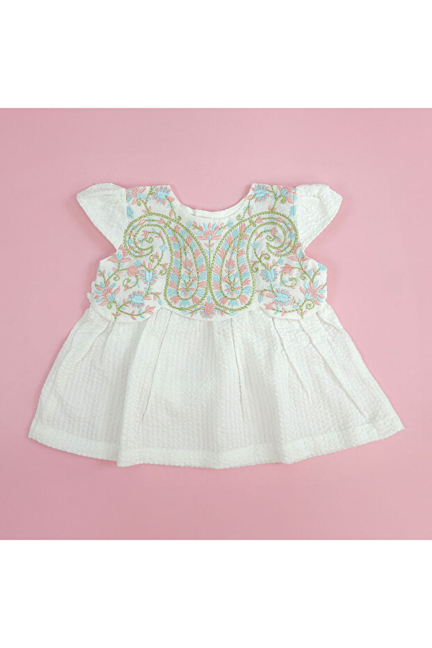 Organic Cotton Textured Paisley Embroidered Girls White Dress with Cap Sleeves