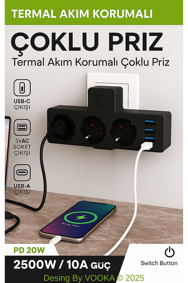 Akıllı Priz Termal Korumalı 3 Prizli Çoklu Akım Prizi | 3 USB-A + 1 USB-C 2500W 10A PD 20W - 1