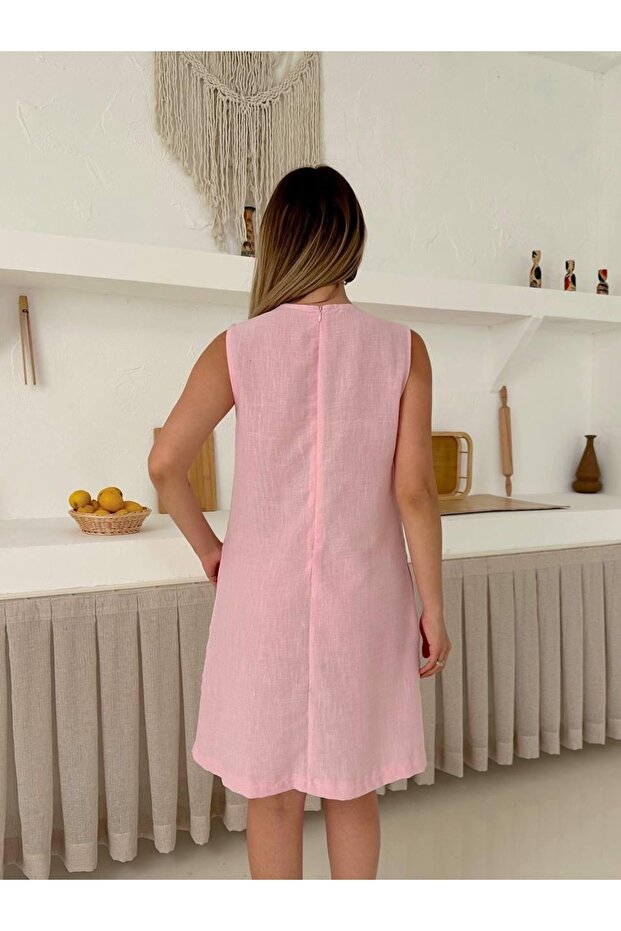 Λινό Basic Απλό Κοντό Φόρεμα - 7