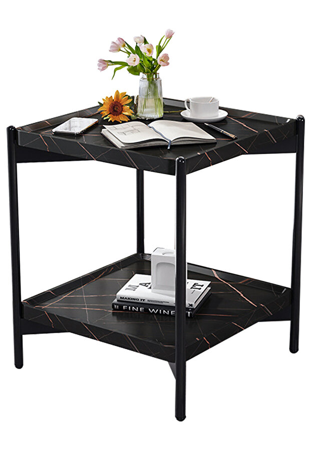 2 Layer Metal Frame Square Table, Sofa Side Table, Square Side Tables, 2-Tier Couch Wood End Table - 1