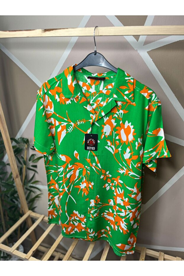 Orange - Green Color Patterned Viscose Men's Shirt