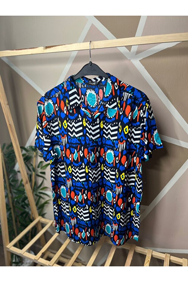 Blue - Orange Color Patterned Viscose Men's Shirt