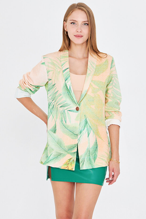 Women's Green Shawl Collar Patterned Single Button Jacket Arm-25Y001071