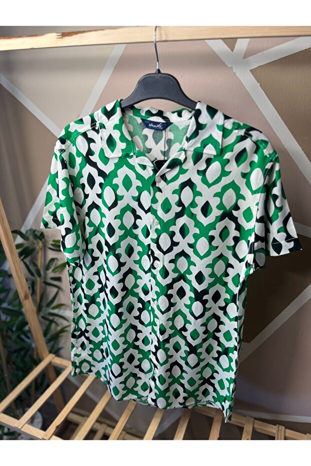Men's Short Sleeve Slim Fit Slim Fit Peacock Collar Patterned Viscose Green - White Shirt