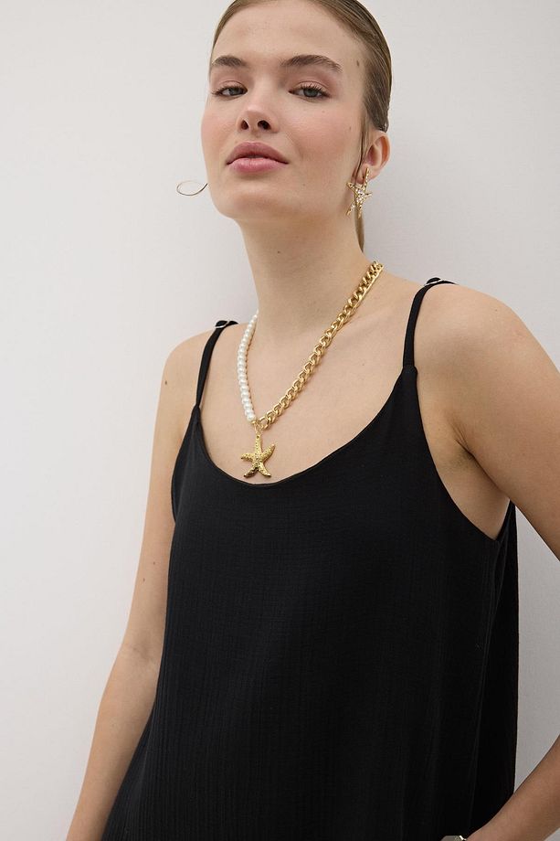 Askı Ayarlı Oversize Müslin Elbise LACİVERT - 3