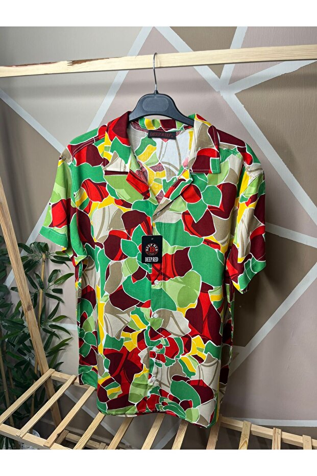 Red - Green Color Patterned Viscose Men's Shirt