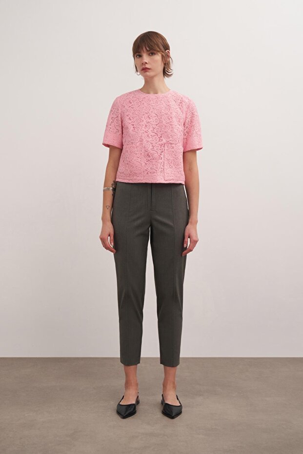 Kutu Form Dantel Bluz Pembe - 1