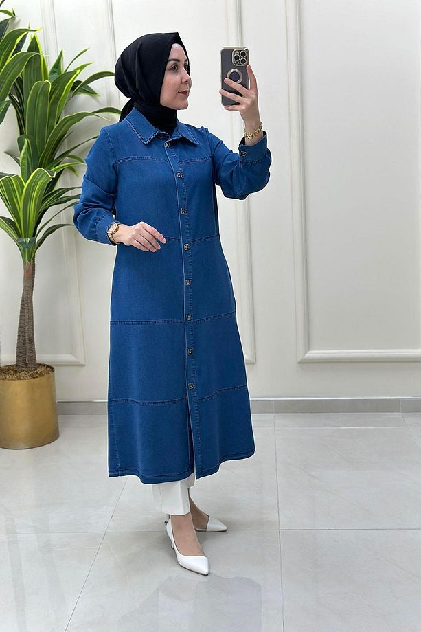 Kot Önü Çıtçıtlı Kadın Giyçık Tunik Mavi BRL 7028 - 1