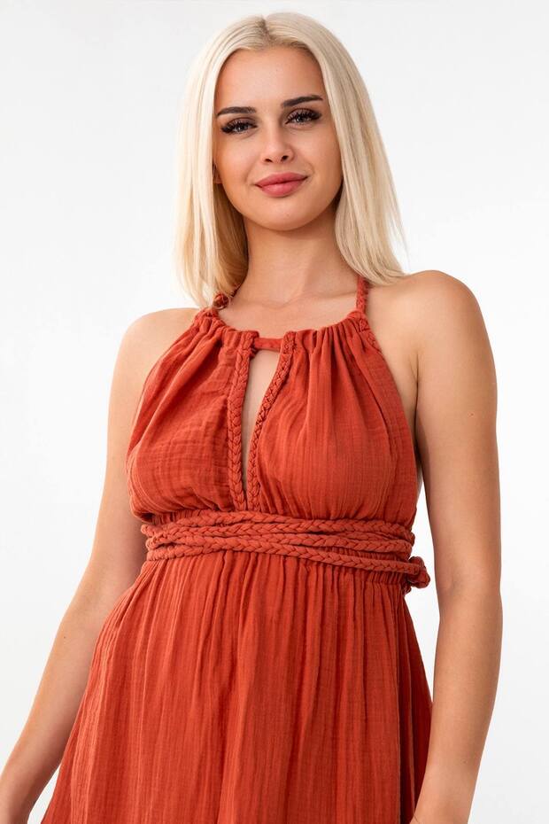 Muslin Summer Dress Knitted Detail 100% Cotton Natural Fabric Tile