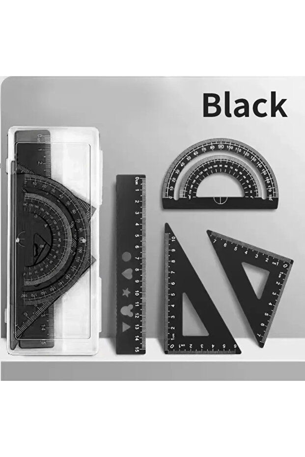 مجموعة رسم معدنية سوداء مكونة من 4 قطع مع صندوق تخزين ومجموعة مسطرة قياس للطلاب ومجموعة متعددة الوظائف - 1