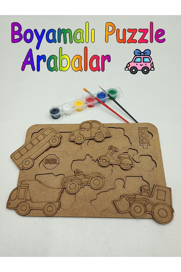 Arabalar Boyamalı Ahşap Puzzle (Yap Boz) + boya seti ve fırçalar - 1