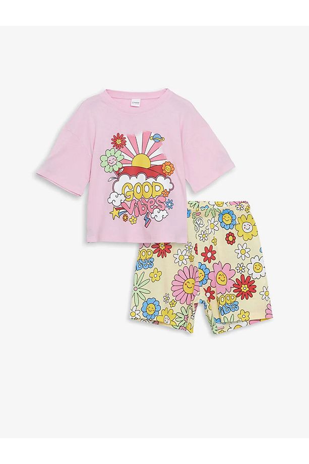 LCW Kids Pembe Bisiklet Yaka Kız Çocuk Şortlu Pijama Takımı - 2
