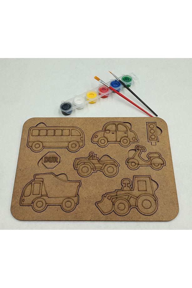 Arabalar Boyamalı Ahşap Puzzle (Yap Boz) + boya seti ve fırçalar - 5