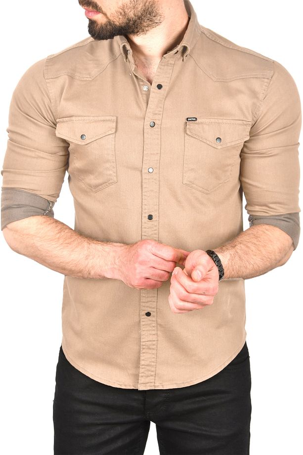 Erkek Bej Slim Fit Pamuklu Cepli Kot Gömlek Çıtçıtlı Uzun Kollu Spor Gömlek 2502503 - 2
