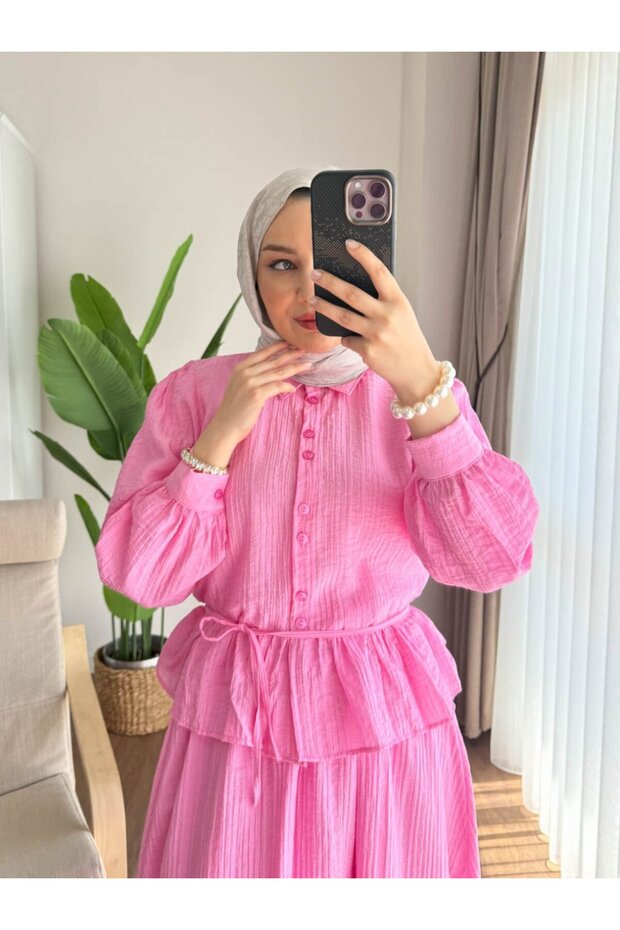 Women's Pink Ruffled Summer Double Suit - Hijab Clothing Combination