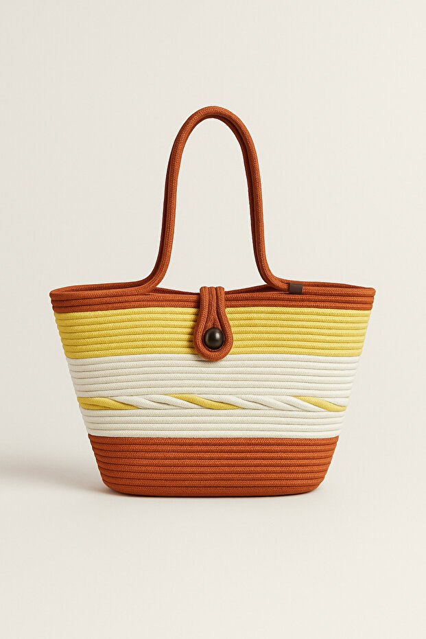 Women's Colorful Knitted Patterned Cotton Beach Bag – Yellow White Brick Tones