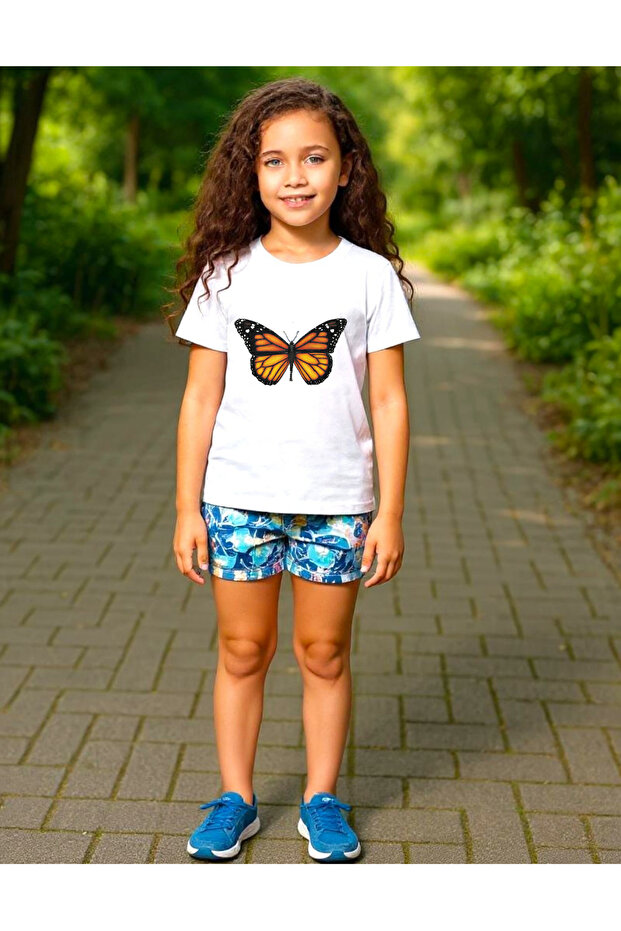 Girls' Crew Neck Front and Back Butterfly Printed T-Shirt
