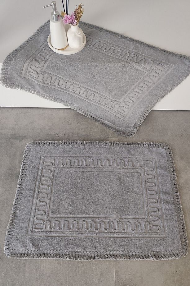 2'li Püsküllü Ayak Havlusu Takımı-50 x 70 cm-%100 Pamuk Paspas-Gri - 1