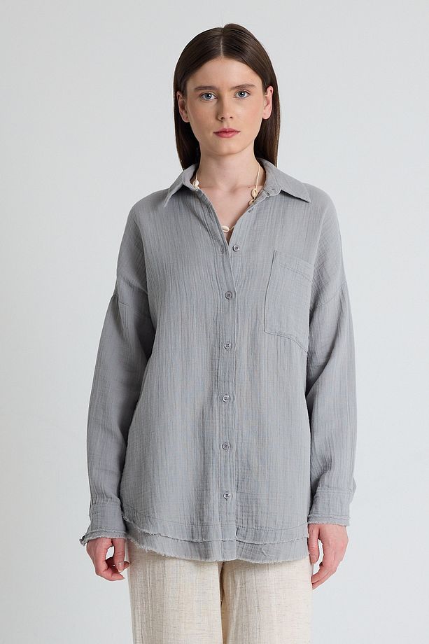 Gri Oversize %100 Pamuk Müslin Gömlek 4786A - 3