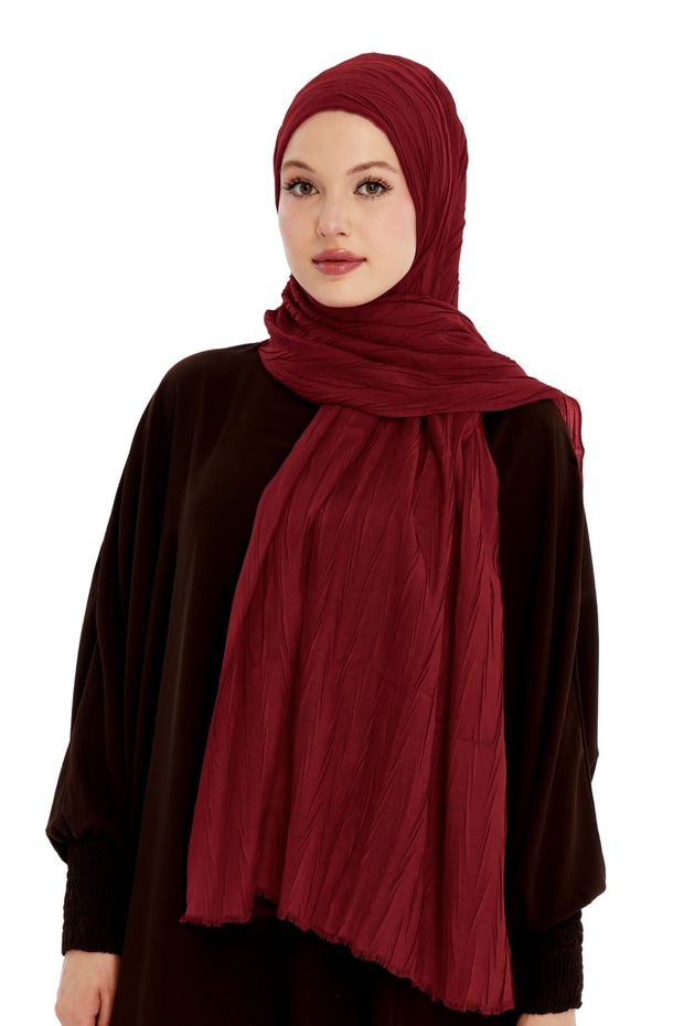 Pliseli Bambu Şal - Bordo - 3